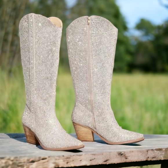 MIIM Nashville Silver Rhinestone Embellished Heeled Fashion Tall Cowboy Boots - Picture 3 of 7